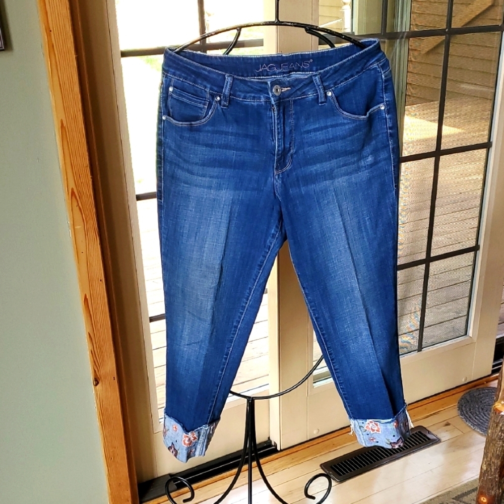 Jag Jeans Girlfriend 10" Rise Embroidered Cuffed Ankle Sz 12/31 Blue Denim Jeans